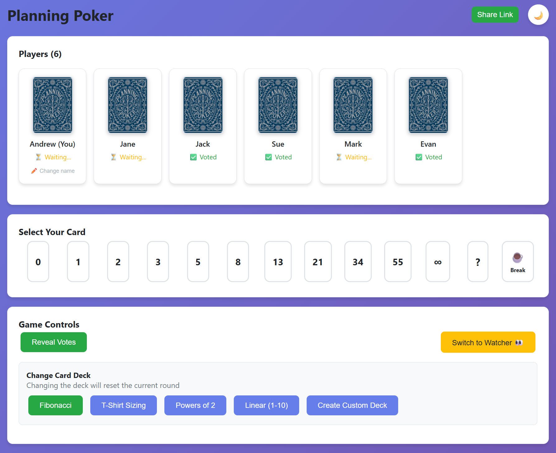 Planning Poker app player view screenshot